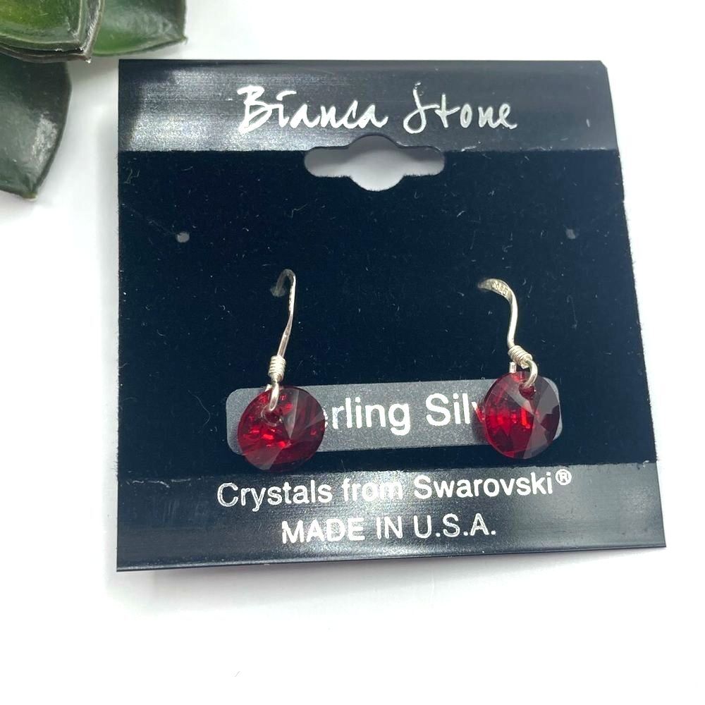 Sterling Silver 925 Bianca Stone Red Swarovski Crystal Dangle Earrings